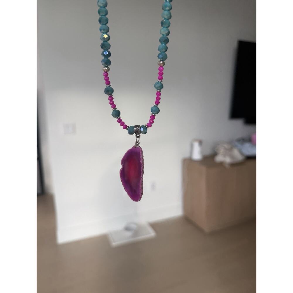 Crystal Slice Necklace Purple and Teal Beaded 20 inch layered